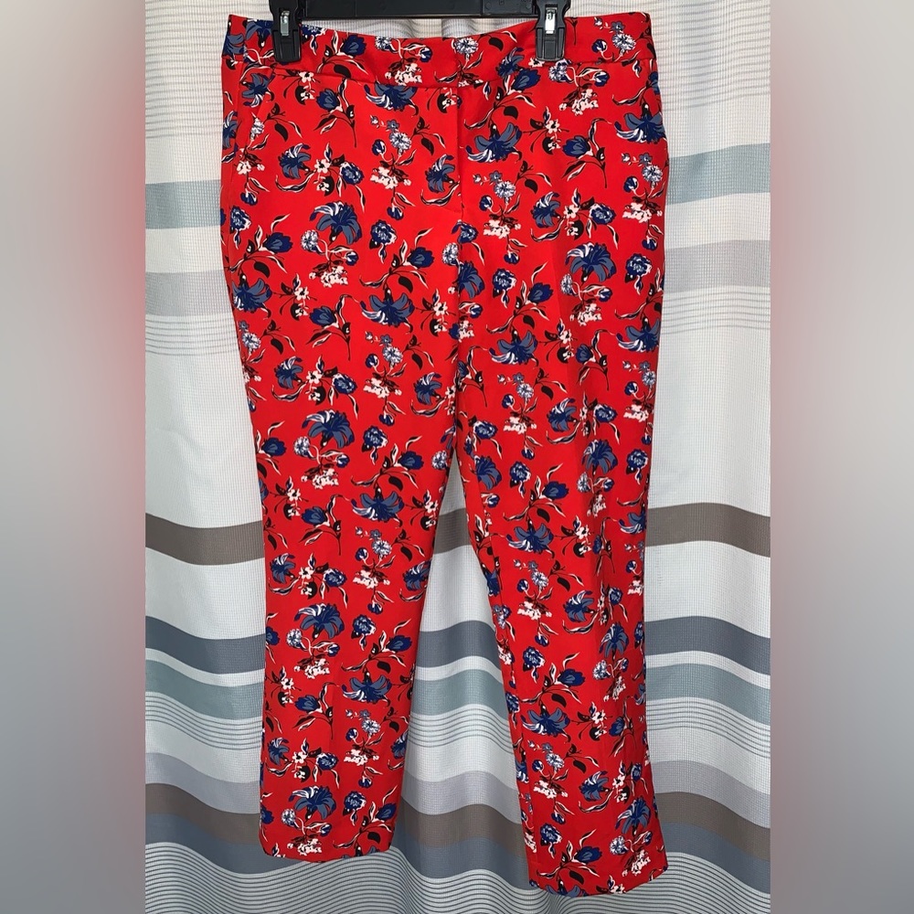 Cynthia Rowley Womens Pants Red Blue Floral Straight Leg Mid Rise Stretch 12